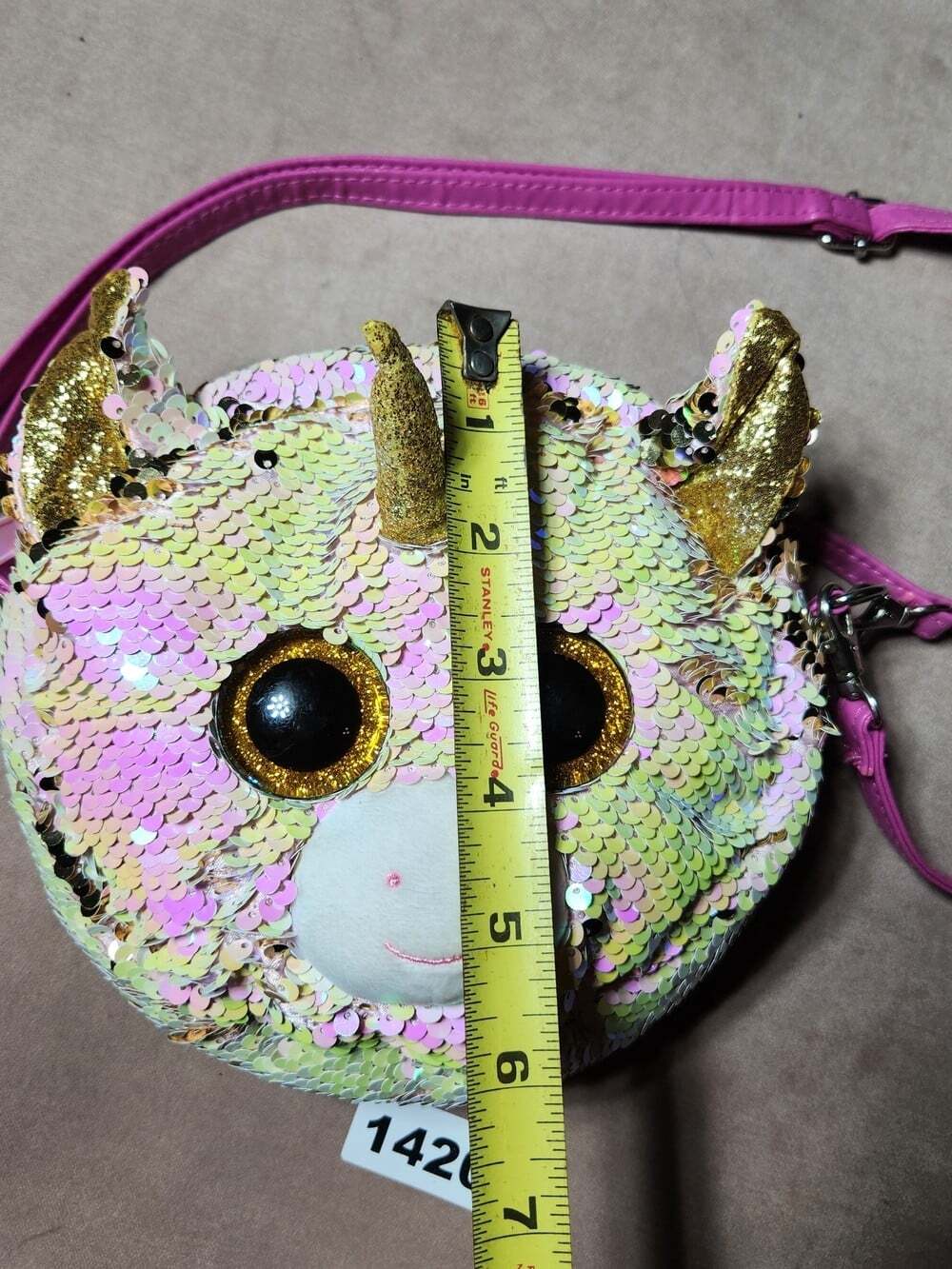 Ty Fantasia Flippable Sequin Unicorn Crossbody Bag Iridescent Pink and Gold - Picture 9 of 12